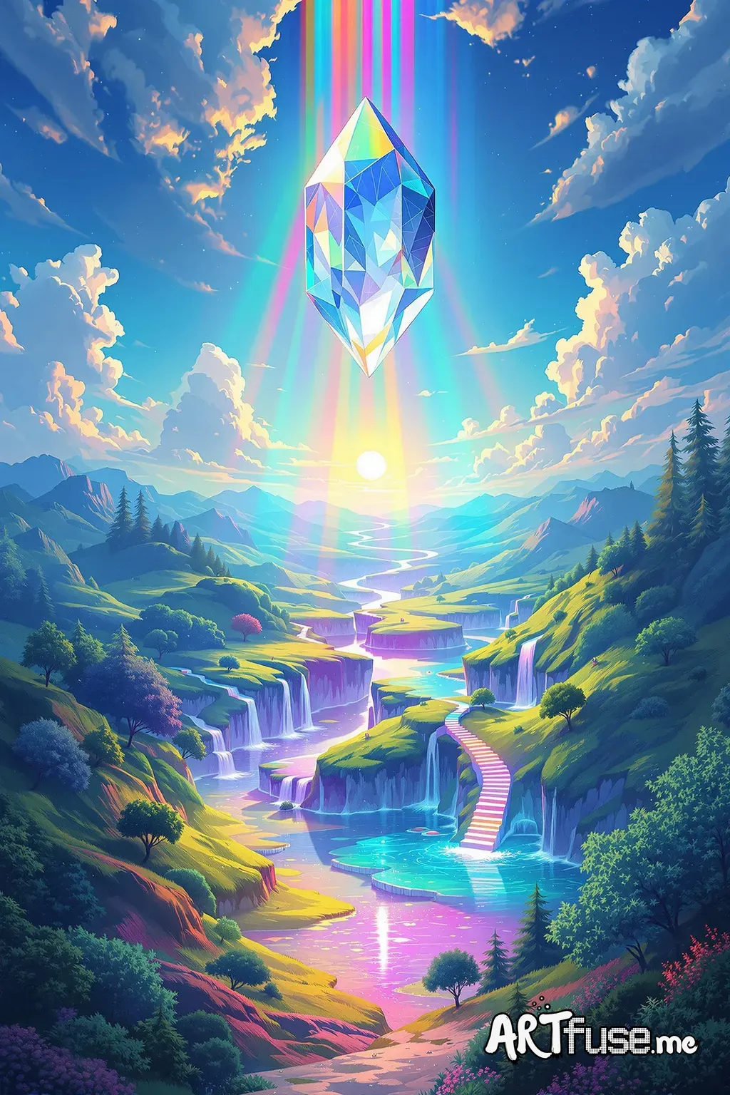 Paint a surreal landscape where hills, rivers, or skies are bathed in refracted light. A giant crystal floats above the horizon, splitting sunlight into rainbow beams that ripple over melting trees, glowing lakes, or staircases rising from the earth. Let the landscape feel dreamlike — both peaceful and uncanny.