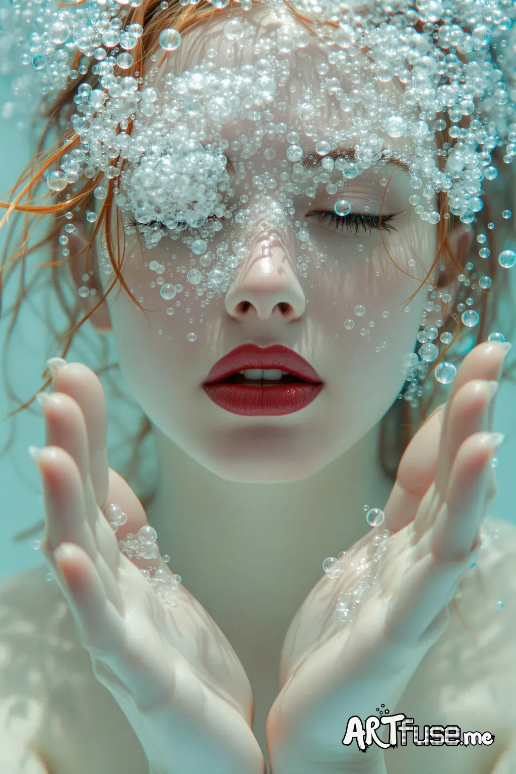 A close-up shot of a fair-skinned young woman submerged in water, her face partially obscured by a mist or cloud of bubbles, creating a dreamlike quality. Her light blonde hair is partially visible, with strands of red hair near her nose and lips. Her lips are a deep crimson color. She extends her hands, palms facing towards the viewer, seemingly touching an invisible surface. Small, clear bubbles float around her, some resting near her hands. The water is a pale, translucent turquoise color, cr