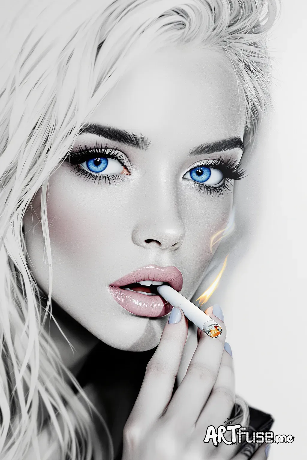 A beautiful girl with white hair, large blue eyes, bright makeup, a lit cigarette in her hand, close to her face, a white wall... a pencil drawing on white paper, mixed media, close-up, dynamic hyperrealism.