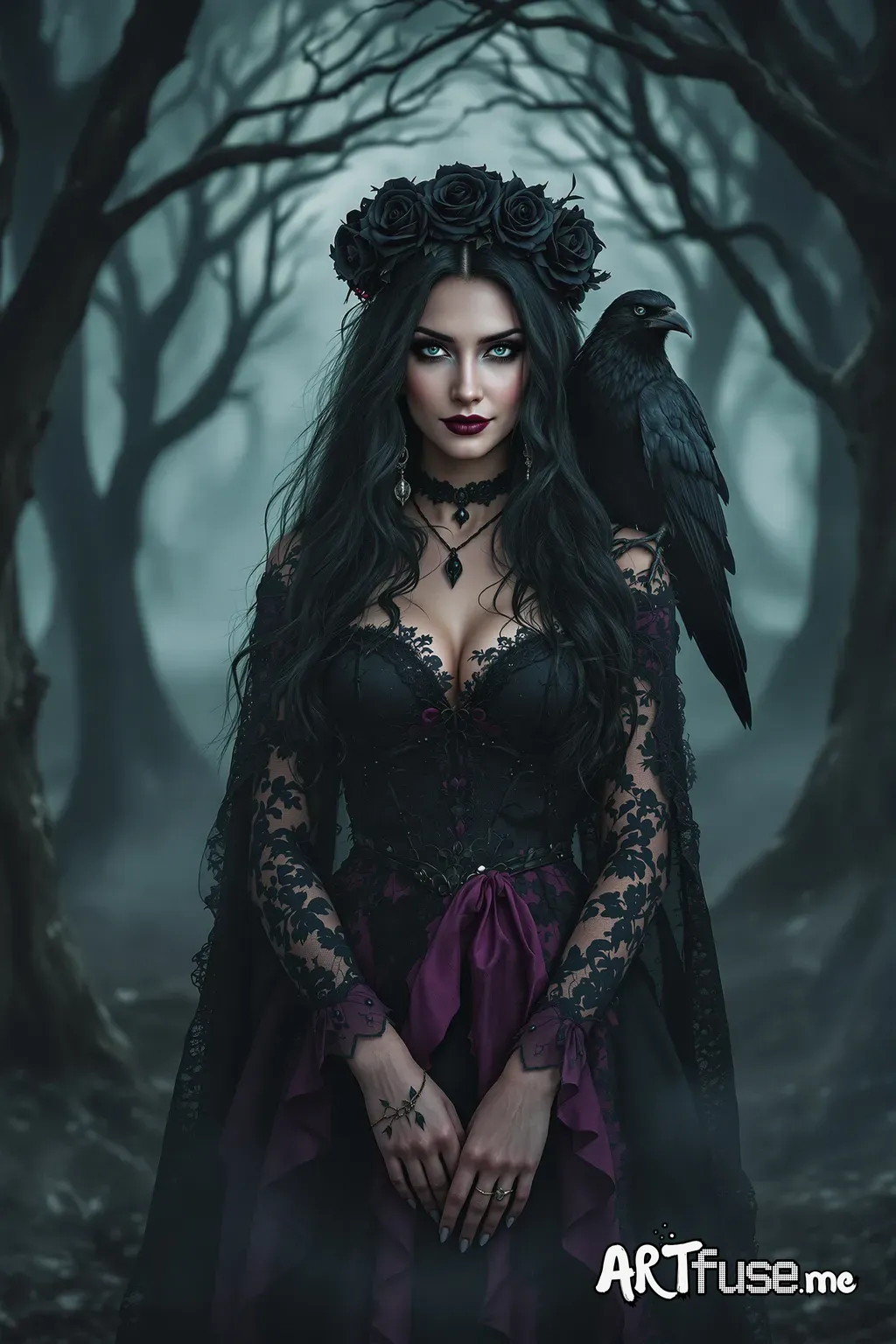 A beautiful middle-aged witch with a distinctly European gothic look stands in a dark, misty forest. She wears a flowing black, purple, and pink lace dress, her long black hair cascading down her back beneath a crown of black roses. Her calm bluish-gray eyes meet the viewer’s gaze with a cold, knowing smirk. A black raven perches on her shoulder amid twisted trees and swirling mist, bathed in soft, silvery moonlight.
