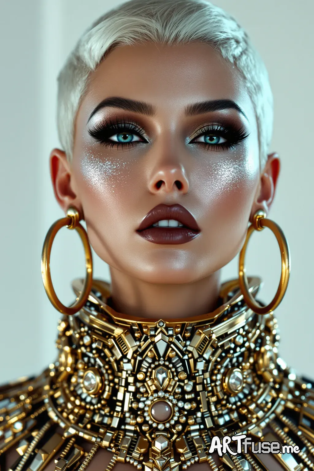 ultra-detailed, futuristic portrait of a queen cyborg a futuristic and luxurious appearance. She has short, platinum blonde hair and striking makeup with dark, smoky eyes, thick eyeliner, and bold matte lipstick in a deep brown shade. Her skin has a luminous, metallic sheen with silver glitter streaks running down her cheek. She is adorned with extravagant, ornate jewelry made of gold and silver, including large hoop earrings and a massive, elaborate neckpiece that resembles a collar, all compos