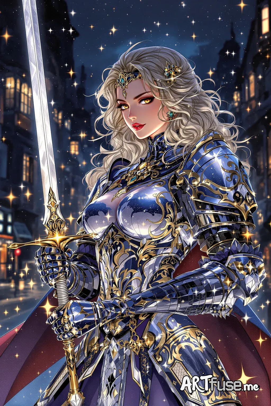 Detailed woman knight, armor and jewelry, wavy hairstyle, Hand holding sword, medieval fashion, night fantasy town, sparkling, glowing, fantasy, fairytale, detailed, Tsutomu Nihei, Issey Miyake, Michelangelo, Carne Griffiths, Bisa Butler, lofi aesthetic, Artstation, Pixiv, animated 