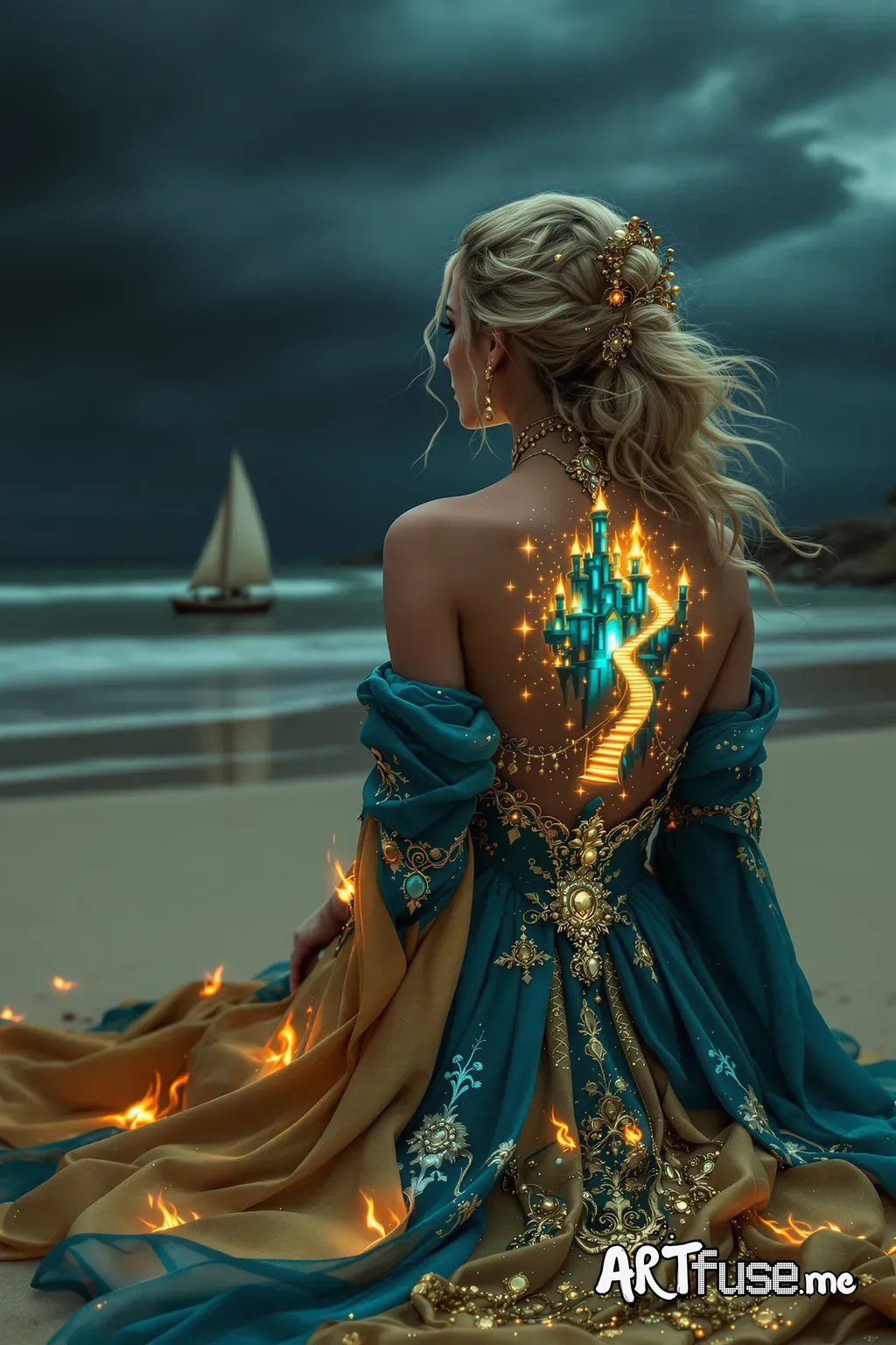 A woman with blonde hair, adorned with golden jewelry and intricate details, sits on a beach.  Her back is detailed with glowing, teal-toned, and deep blue stylized fantasy castle structure, glowing fiery stairs, and  gold embellishments on her dress; the flowing,  textured dress fabric incorporates the same blues and golds, creating a seamless transition from her back to the surrounding landscape.  The scene features a  dark-tone stormy beach, a distant sailboat, and a vibrant color palette of 