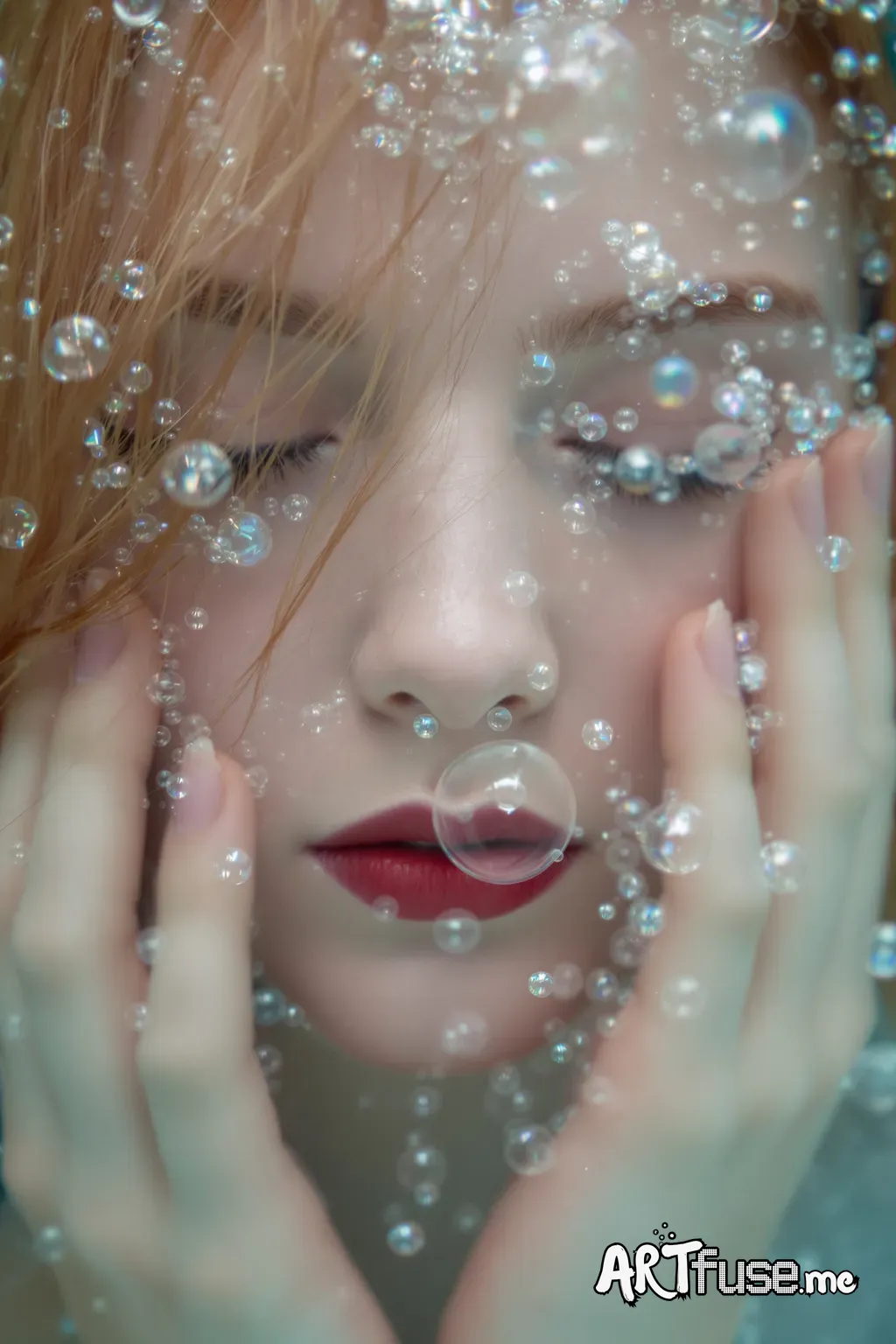A close-up, ethereal portrait of a young, fair-skinned woman, partially submerged in water, her face obscured by a veil of hazy bubbles and diffused light. Her lips are full and painted with a deep, matte red, contrasting against the pale skin. Wisps of fine, reddish-blonde hair delicately frame her nose and mouth. Two hands, blurred by the water's refraction, reach out, their fingertips barely visible. Transparent bubbles of various sizes are scattered throughout the scene, reflecting light. Th