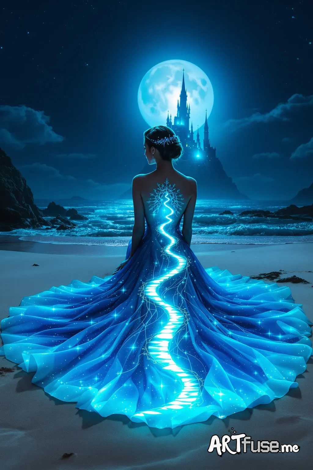 A woman is seated gracefully on a sandy beach under the serene moonlit night sky. Her back is adorned with an intricate, almost ethereal design that seamlessly combines with her flowing gown, which cascades around her like shimmering blue waves. The gown features a stunning illusion of a mystical, towering castle under a full, luminescent moon. The castle is set among rocky cliffs, with a glowing pathway that spirals dramatically up towards its spires, giving an impression of a fairytale scene b