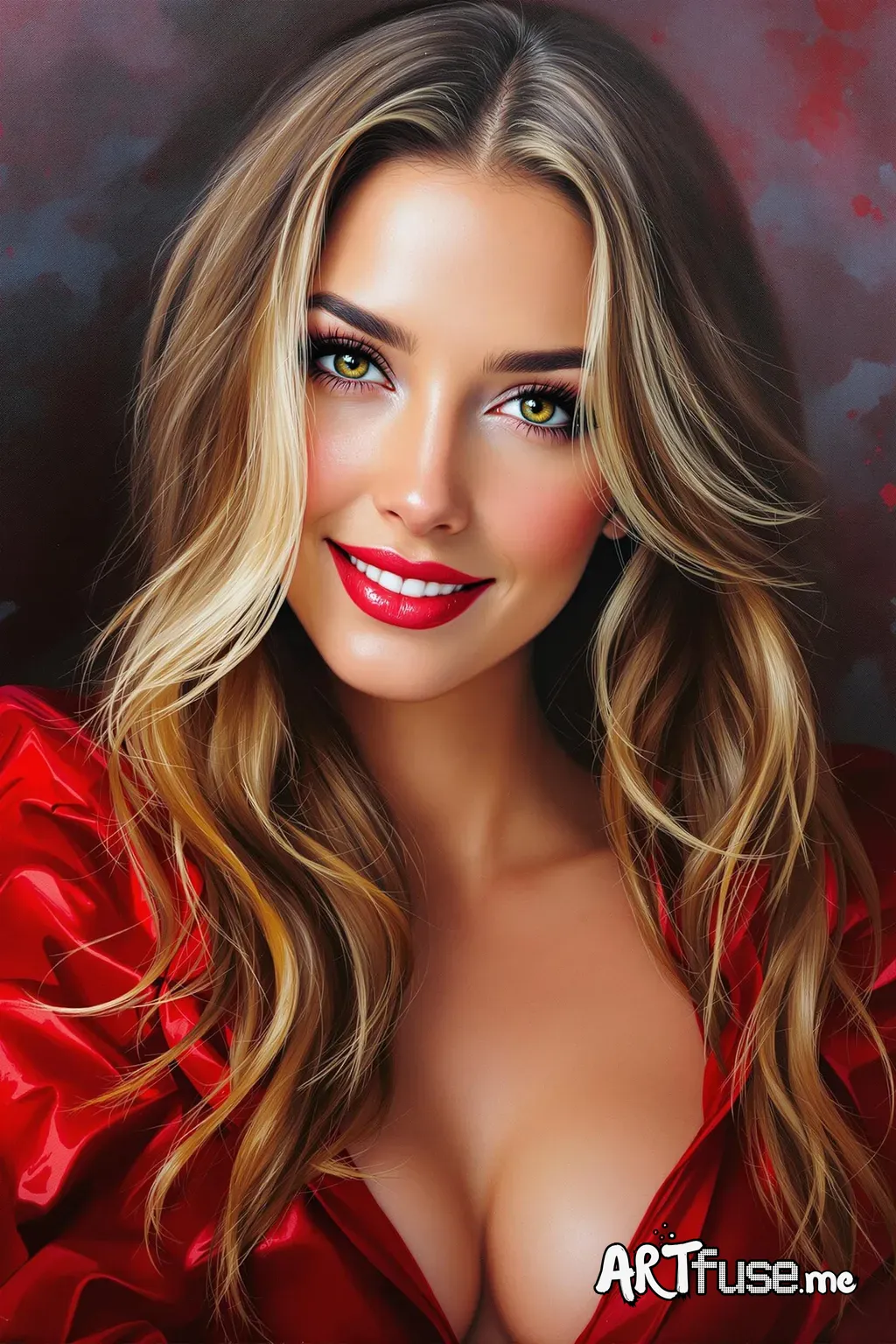 Female portrait, Very beautiful woman, cabellos largos dorados, Smiling eyes look at the camera, Smiling mouth, Revealing the red dress, acrycle painting, Bold and expressive brushstrokes, Impressionistic style, Epic surreal background, Very heavy brushstrokes，Paint with a thick texture, Professional lighting and shadows, High contrast, fine art painting, Wadim Kashin.