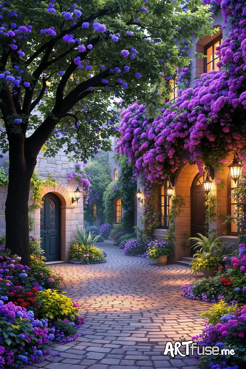 A picturesque courtyard scene, stone buildings adorned with vibrant, colorful flowering vines, illuminated by a soft, magical light, creating a dreamy, fairytale-like atmosphere with a multitude of purples, blues, and reds in the flowers and foliage, a large tree providing shade against the building; detailed textures on the stone walls and floors, and glowing lights softly illuminating the windows and archways of the buildings, focusing on capturing the specific stylized artistic lighting and v