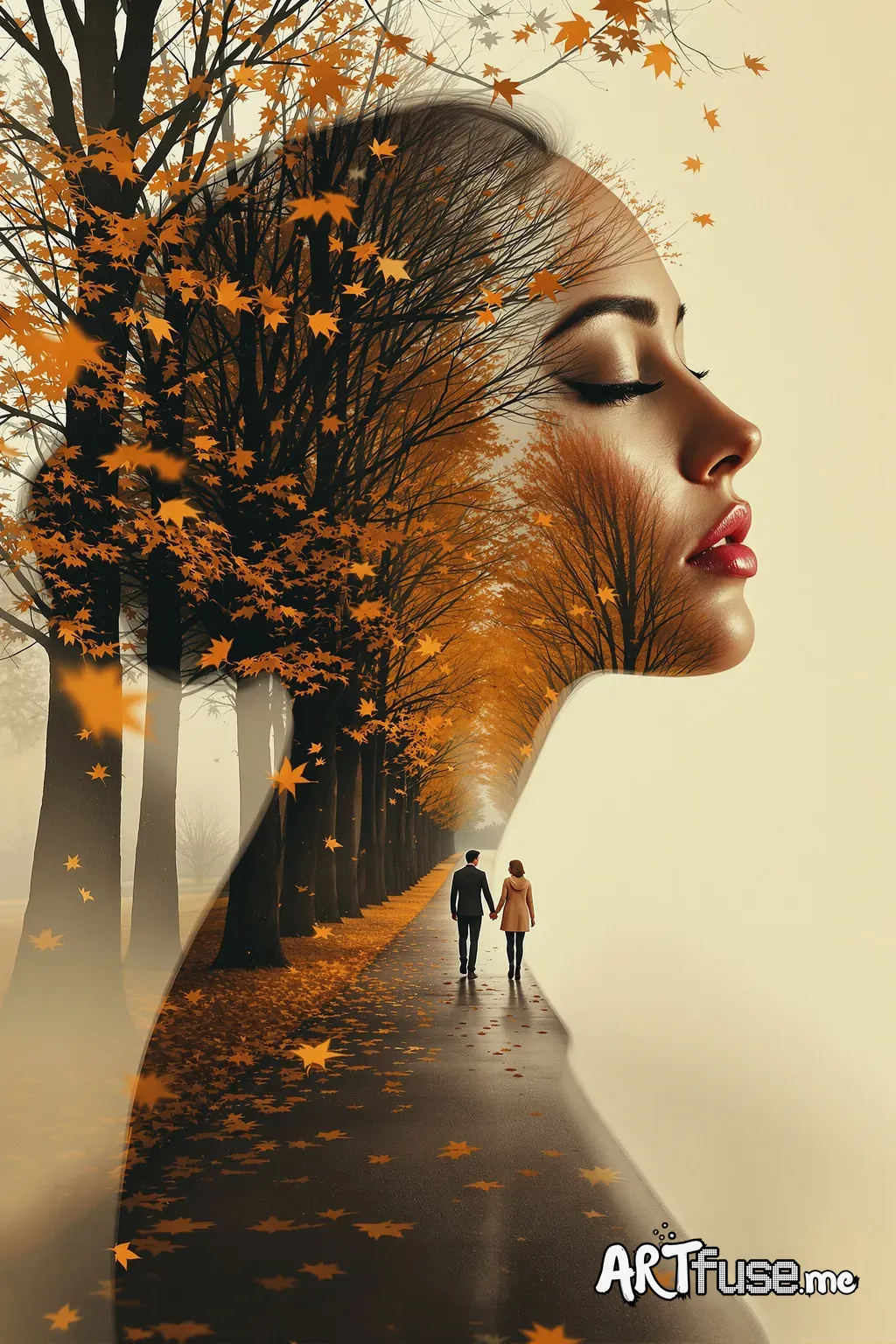Surreal artistic portrait, double exposure: side profile of a woman with closed eyes, smooth skin, melancholic expression. Her silhouette blends with an autumn park pathway, tall trees with golden leaves, falling leaves in the air. Inside the scene, a couple walks hand in hand, cinematic perspective. Warm light, sepia tones, poetic and dreamy atmosphere, fine details, ethereal realism, depth of field, high quality, artistic composition.