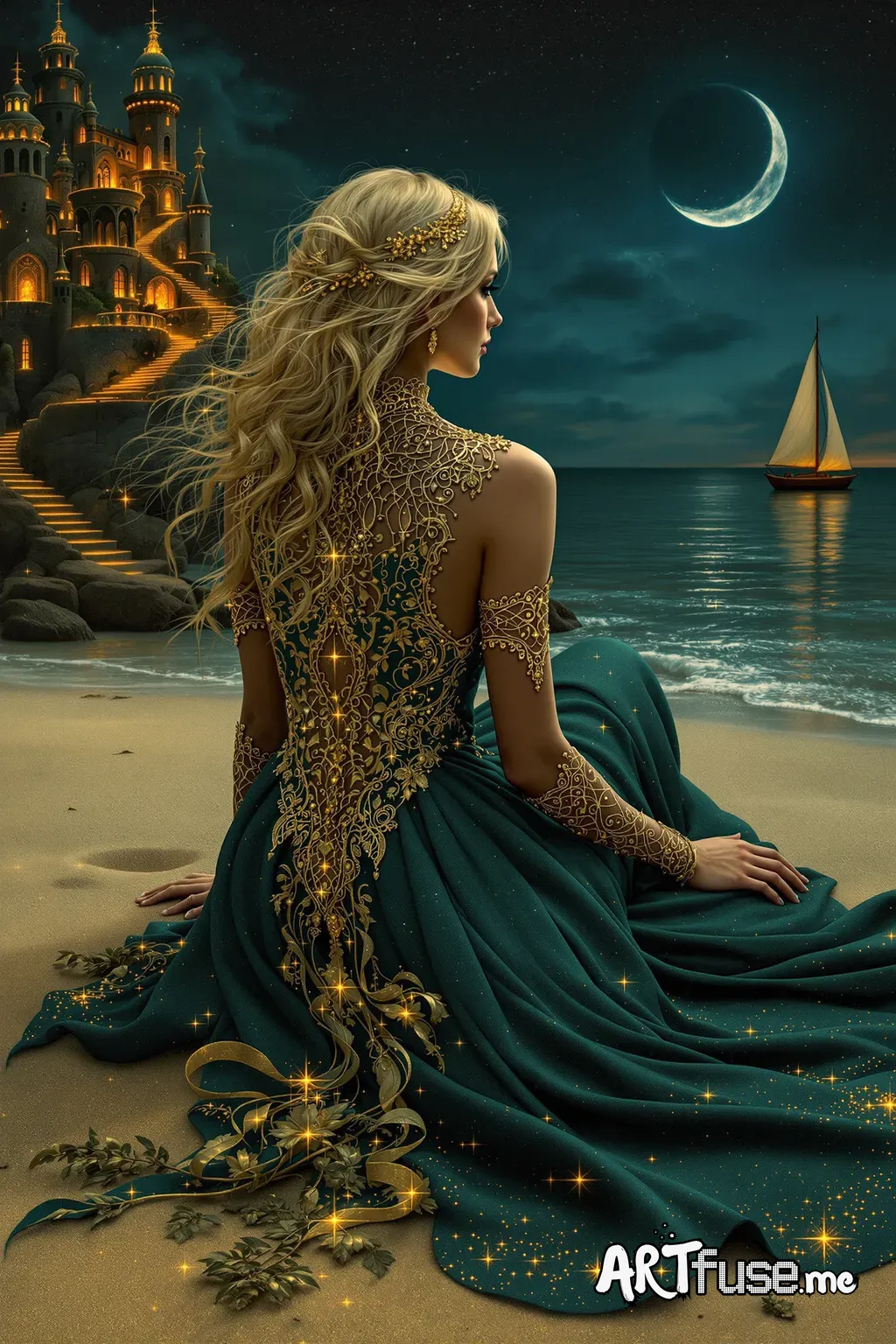 A beautiful woman with blonde hair, adorned with golden, intricate jewelry, sits on a sandy beach.  Her back is decorated with a glowing, fantastical city, complete with a dark moon, a castle, and fiery pathways/stairs, all rendered in deep blues, golds, and oranges, with a textured, almost starry, quality.  The dress/gown is a flowing, deep teal,  with glittering, sparkling details and a subtle starry texture. A sailboat is visible in the background.  The overall style is surreal, fantasy art b