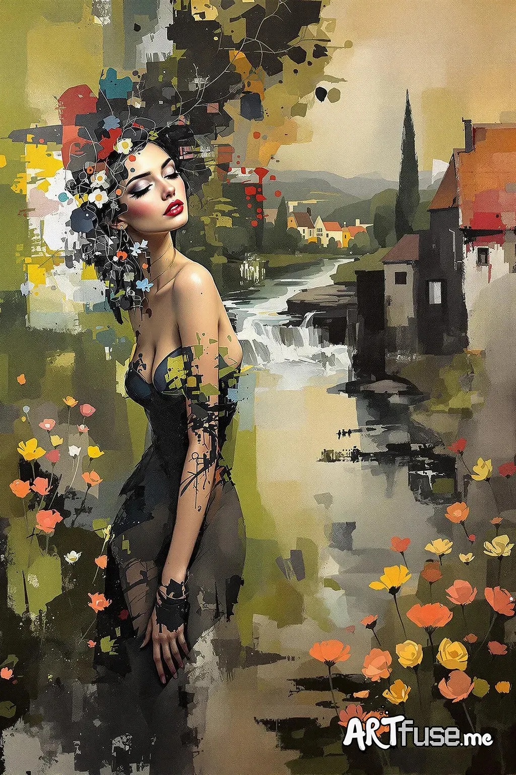  Woman, abstract painting, color game, green, yellow,  red, gray, ((salmon)) OCHRE AND BLACK  ... a river , cascade, ...many flowers,,  VILLAGE IN THE BACKGROUND  ... ONE-WAY.....Jeremy Mann style , Jeremy Mann art, Jeremy Mann painting,  Alessandro Pautasso art  ,  painting of a woman, james painting style gurney , Jeremy Mann,  influenced by Jeremy Mann,