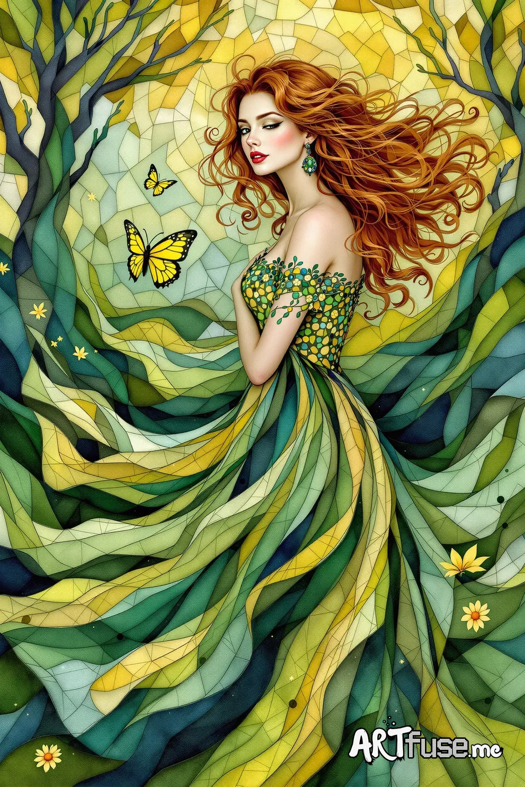 A portrait of a woman with auburn hair, a contemplative expression, and flowing, textured, multi-colored dress;  the dress and background are richly detailed with a mosaic-like, layered, hand-painted style incorporating greens, yellows, and blues, and the style is akin to a detailed stained-glass artwork with a whimsical, dreamlike quality; a butterfly is present in the background.stilized watercolor blended with oil painting 