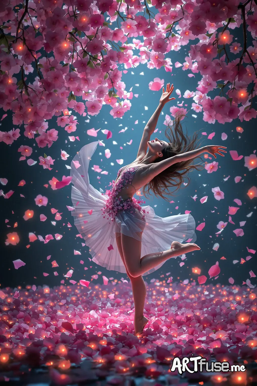 a beautiful, ultrarealistic girl that looks  50% Leona Lewis and 50% Christina Aguilera .  The scene is comprised of A Shower of exotic flower Petals floating about as The scene transitions to a slow-motion series of shots including a bunch of cascading  cherry blossoms draping and surrounded with an abundance of  exotic vibrantly colored orchids cascading down around the dancer. Each petal glows softly, creating a surreal, dreamlike qualityA gymnast training for the Olympics, athletic, focused,