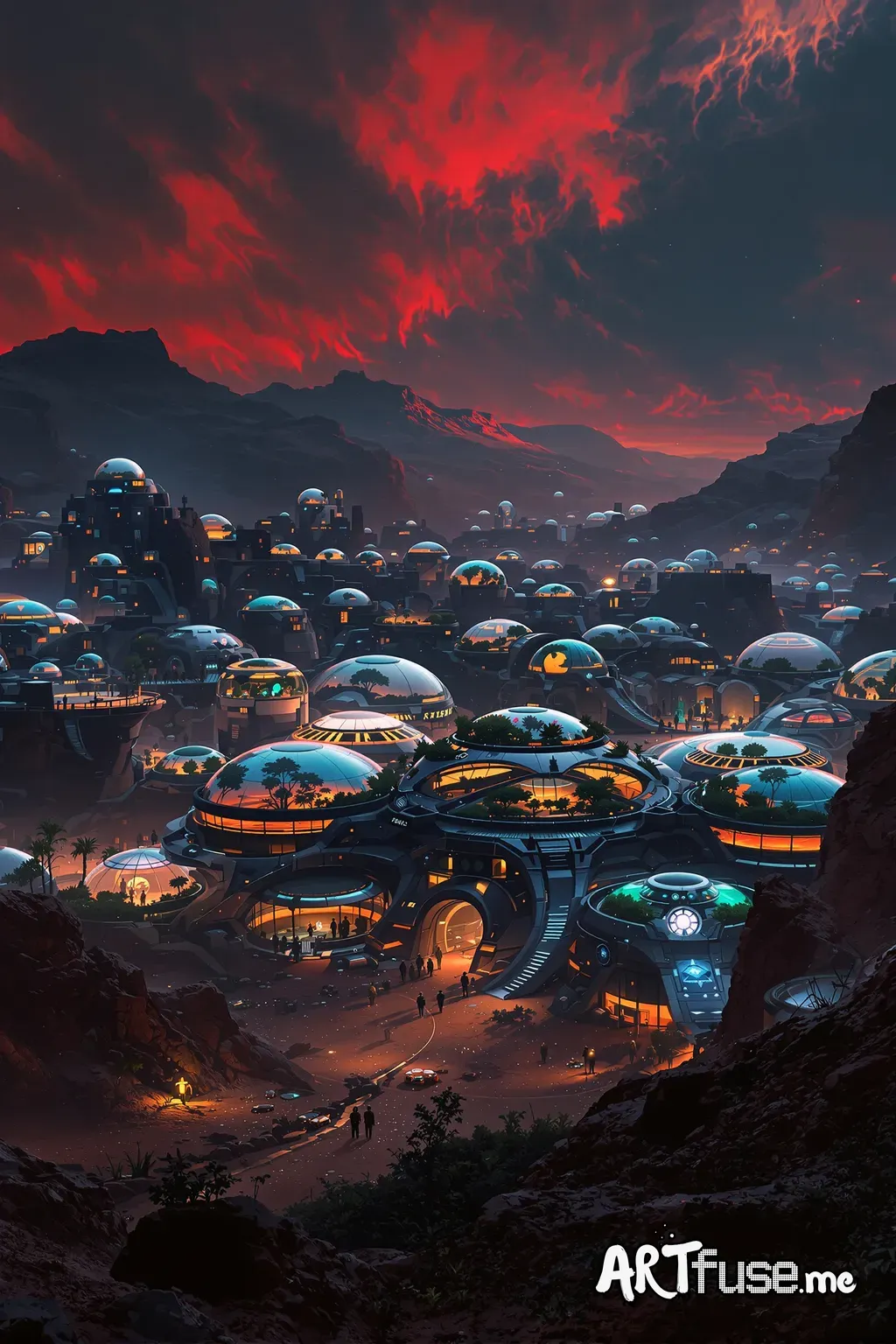 Sci-fi concept art. A biodome city on Mars at twilight, glowing with internal lights, red dust storms swirling outside. Futuristic architecture. Martian landscape. Digital painting. Earth-like plants visible within the domes. A sense of hopeful colonization. Dramatic lighting, deep shadows, vibrant artificial lights. Sci-fi, futuristic city, Mars colony, biodome, digital art, concept art, atmospheric, detailed.
