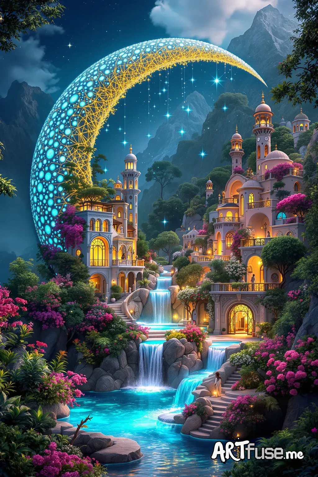 A breathtaking mediterranean fantasycore villa village ornate artwork. Intricate tiny crescent moon pearls, rainbow faerie waterfall fantasy elf greek Italian spanish riviera city of mosaic opalescent villas inside a giant ornate bioluminescent crescent moon. By Android Jones, Jean Baptiste Monge, Alberto Seveso, Erin Hanson, Jeremy Mann. Maximalist highly detailed and intricate professional photography, a masterpiece, 8k resolution concept art, Artstation, triadic colors, Unreal Engine 5, cgsoc