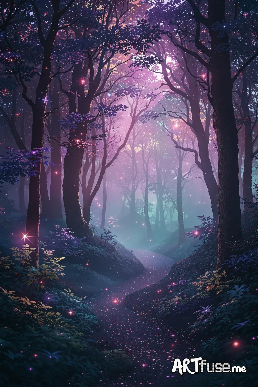 Magical forest. mysterious fog, iridescent, neon dust, shading effects, gradation magic effects, foggy filter effects, glitter effects, graphic CG digital art