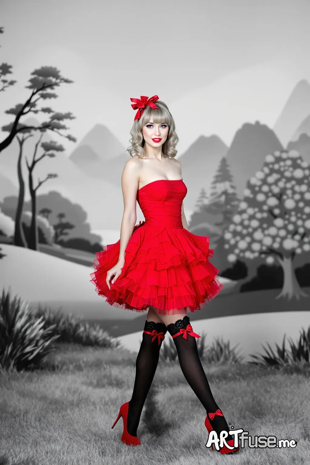 A woman standing in a serene, monochromatic black-and-white landscape with stylized trees and mountains in the background. She is wearing a vibrant, strapless red dress with a fitted bodice and a voluminous, layered tulle skirt. She has matching red high heels, black thigh-high stockings with red bows and lace trim, and a red ribbon bow in her hair. Her hair is styled in soft waves with bangs, and she has bold red lipstick. The scene combines a striking pop of color against a tranquil, artistic 
