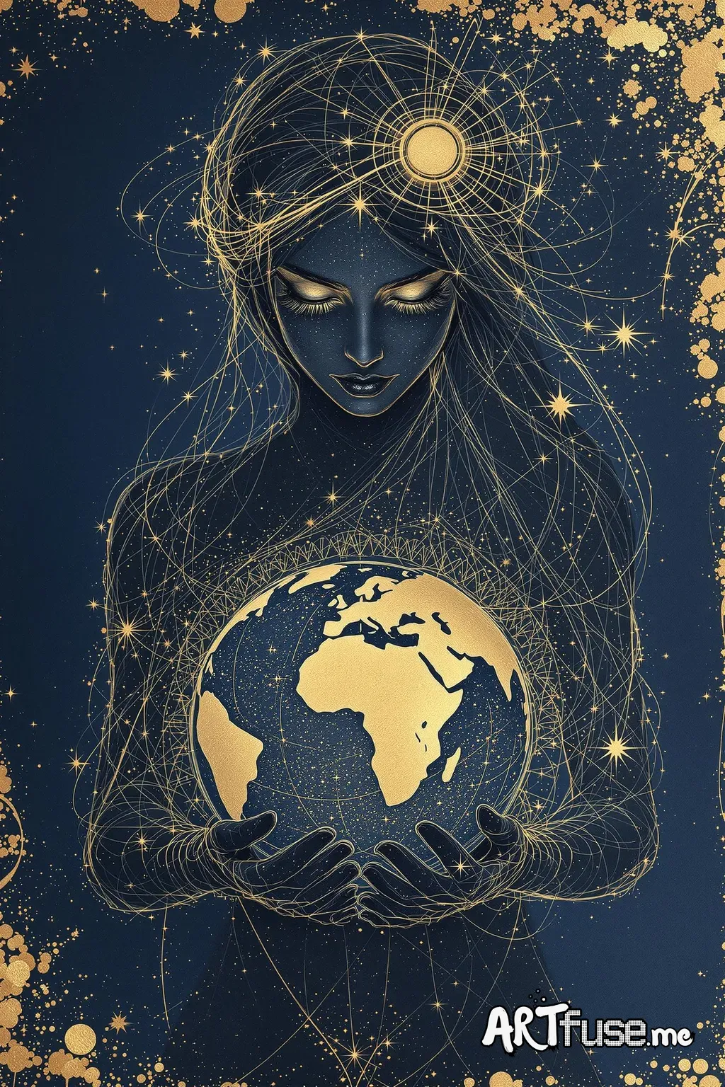 Gold pencil sketch on dark blue canvas, gold leaf art, sketch portrait of dark fantasy  woman, She holds the blue globe earth in her hands.   gold lines mixed with gold leaf art, masterpiece, 8k, only  blue and gold colors,, monochrome, Luis Royo sketch, epic