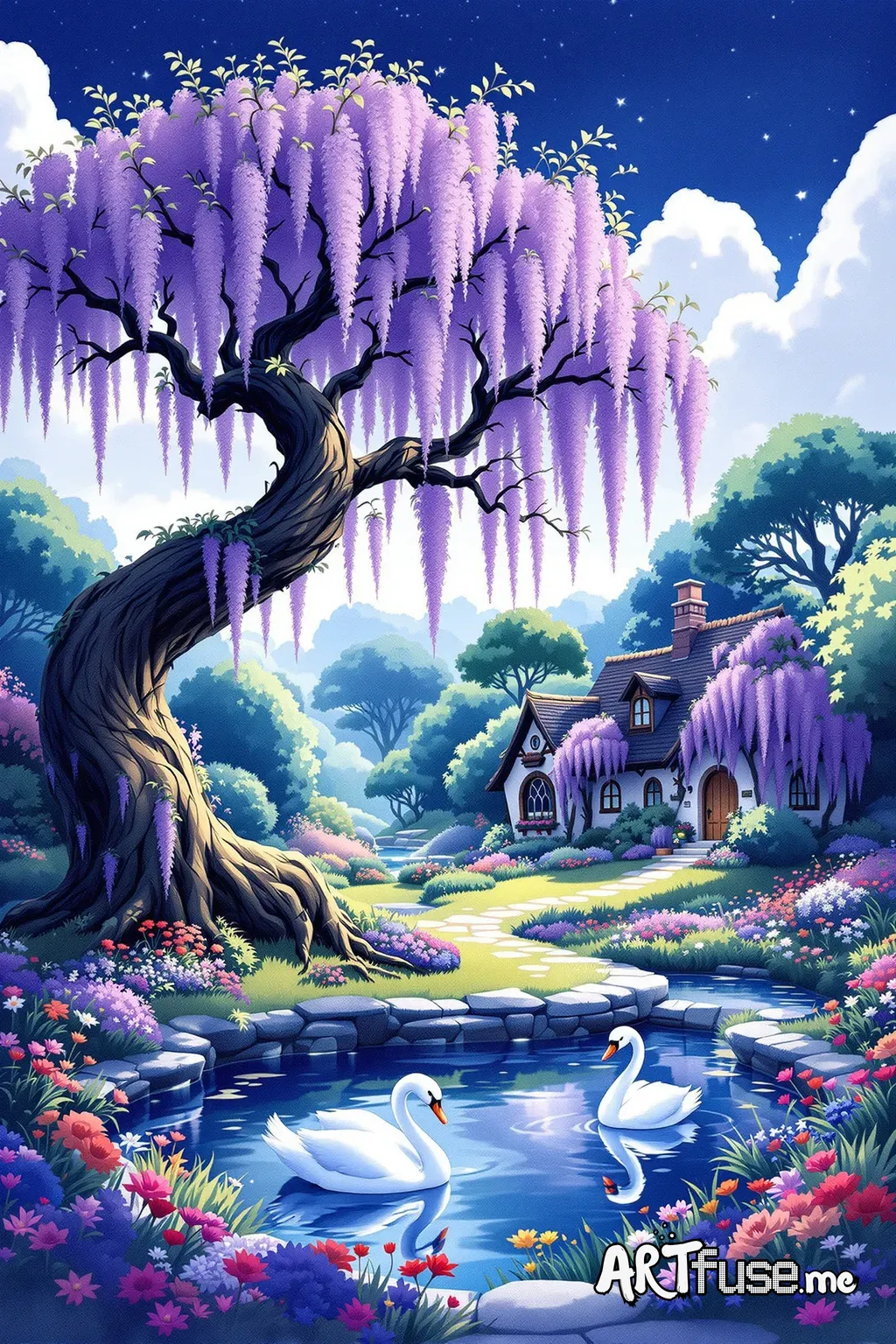 Magical garden. Twisted tree, purple wisteria, quaint cottage. Serene pond with a white swan, colorful flowers. Soft blue-purple sky. High contrast, dramatic lighting. Alcohol ink and watercolor effects, shallow depth of field. Cinematic composition. Studio Ghibli vibes.