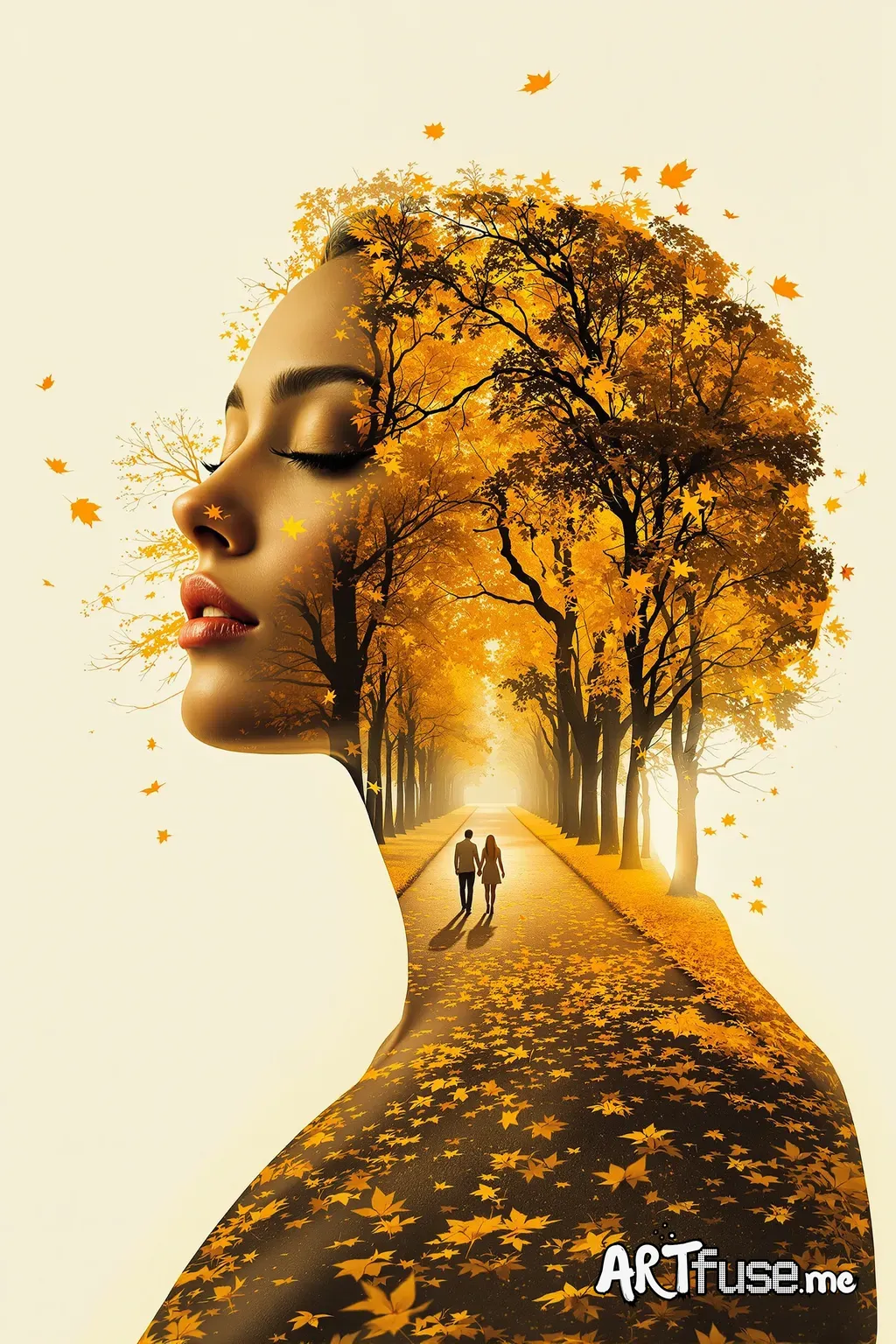 Surreal artistic portrait, double exposure: side profile of a woman with closed eyes, smooth skin, calm melancholic expression. Her silhouette merges with a golden autumn park, glowing trees, rich amber and gold foliage, warm light flooding the scene. Golden leaves drifting through the air. Inside the silhouette, a couple walks hand in hand along a luminous path. Strong golden color palette, sepia-gold tones, cinematic lighting, poetic, dreamy atmosphere, ultra-detailed, ethereal realism. 1:1