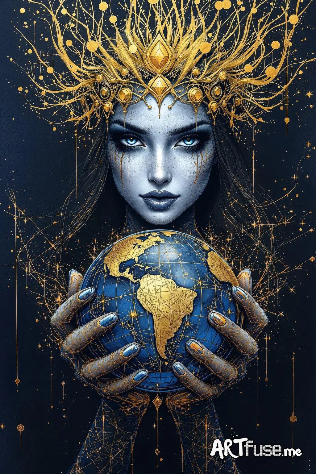 Gold pencil sketch on dark blue canvas, gold leaf art, sketch portrait of dark fantasy  woman, She holds the blue globe earth in her hands.   gold lines mixed with gold leaf art, masterpiece, 8k, only  blue and gold colors,, monochrome, Luis Royo sketch, epic