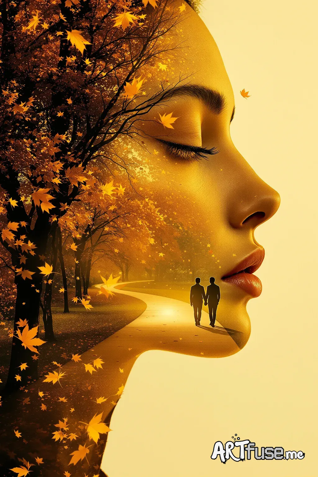 Surreal artistic portrait, double exposure: side profile of a woman with closed eyes, smooth skin, calm melancholic expression. Her silhouette merges with a golden autumn park, glowing trees, rich amber and gold foliage, warm light flooding the scene. Golden leaves drifting through the air. Inside the silhouette, a couple walks hand in hand along a luminous path. Strong golden color palette, sepia-gold tones, cinematic lighting, poetic, dreamy atmosphere, ultra-detailed, ethereal realism.