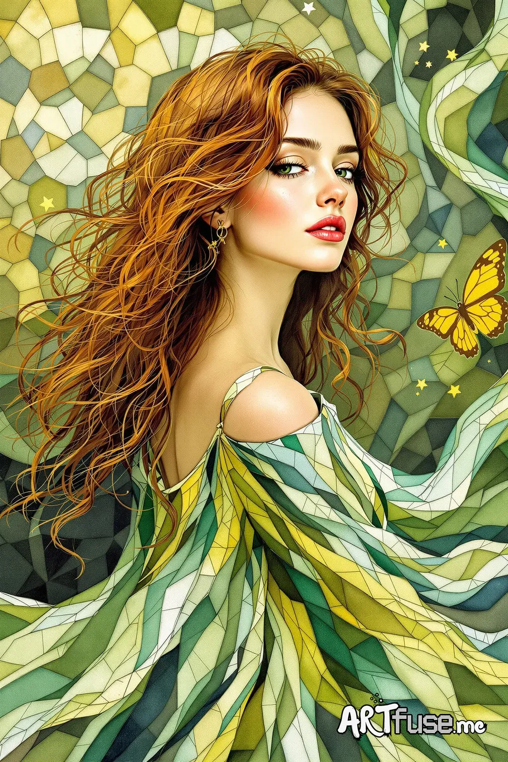 A portrait of a woman with auburn hair, a contemplative expression, and flowing, textured, multi-colored dress;  the dress and background are richly detailed with a mosaic-like, layered, hand-painted style incorporating greens, yellows, and blues, and the style is akin to a detailed stained-glass artwork with a whimsical, dreamlike quality; a butterfly is present in the background.stilized watercolor blended with oil painting 