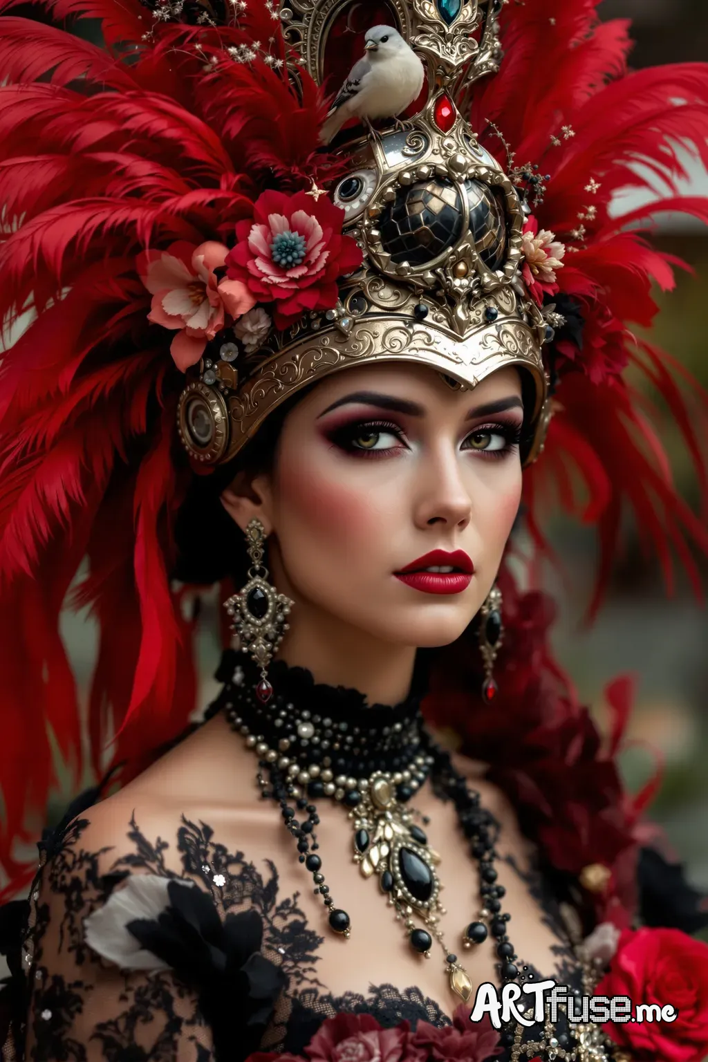 A highly detailed portrait of a woman wearing an elaborate, fantasy-inspired headdress and jewelry. The headdress features a vintage-style helmet adorned with red feathers, flowers, and small decorative elements, with a small bird perched on top. The woman has striking makeup with bold red lipstick, dark eye makeup, and a subtle blush. She is dressed in ornate jewelry with black and red accents, including a choker, earrings, and layered necklaces, complemented by a lace and fabric garment with f