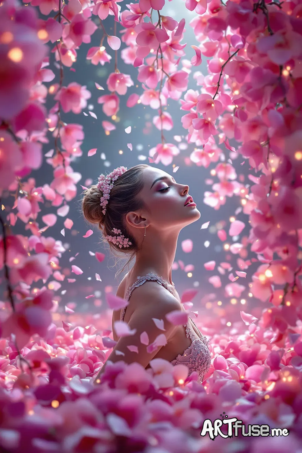 a beautiful, ultrarealistic girl that looks  50% Leona Lewis and 50% Christina Aguilera .  The scene is comprised of A Shower of exotic flower Petals floating about as The scene transitions to a slow-motion series of shots including a bunch of cascading  cherry blossoms draping and surrounded with an abundance of  exotic vibrantly colored orchids cascading down around the dancer. Each petal glows softly, creating a surreal, dreamlike qualityA gymnast training for the Olympics, athletic, focused,