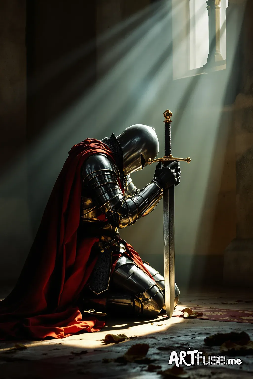 A lone knights Templar is kneeling in one knee with his hands and head resting on his sword as a ray of light is shining on him from a window as he prays before battle